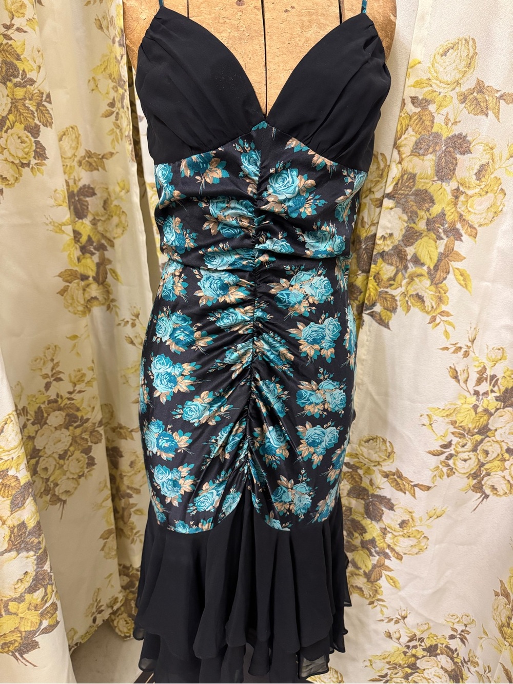 Betsey Johnson Black Midi Dress with Teal Floral Ruched Front